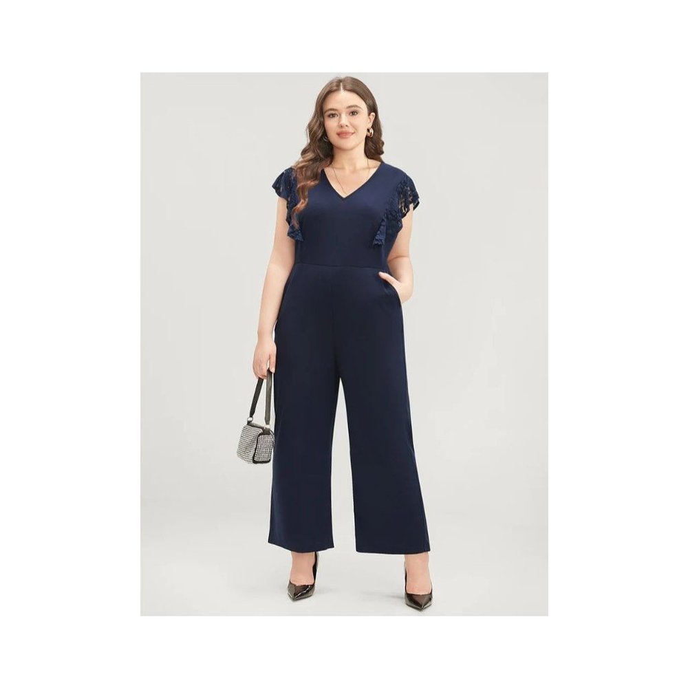 Nwt Bloomchic Solid Vneck Lace Trim Pocketed Jump… - image 1